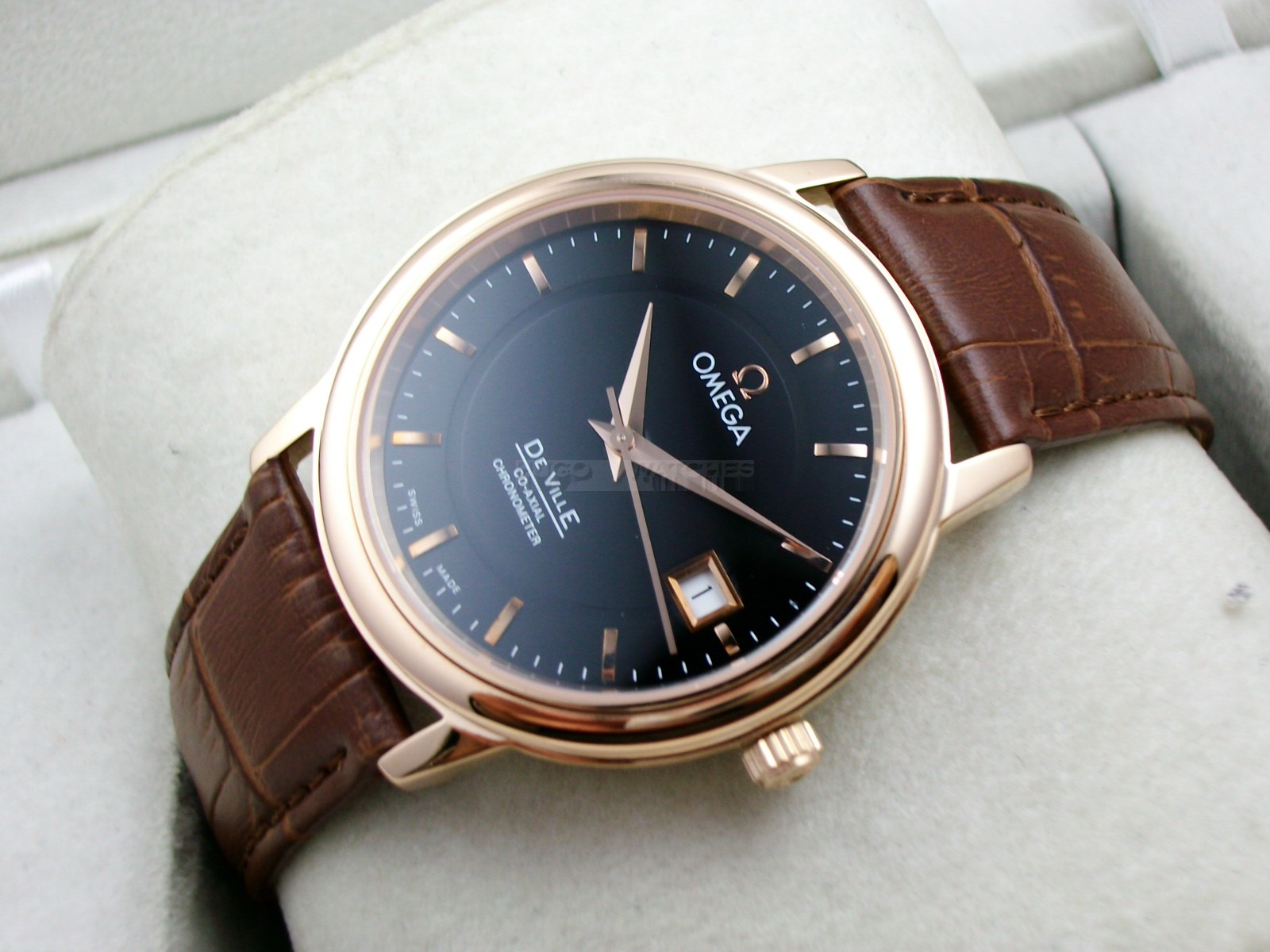 Omega De Ville Swiss 2824 Mens Automatic Black Dial Stick Markers Rose Gold